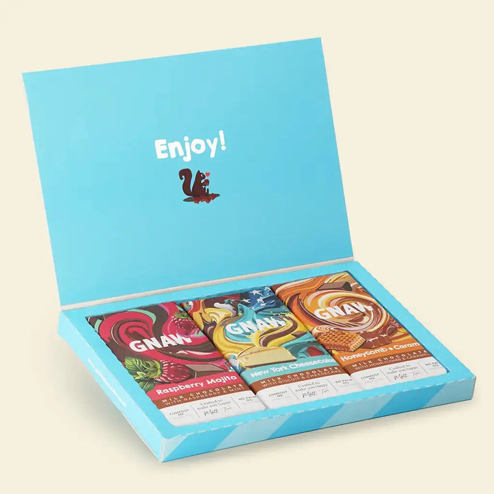 Open Letterbox of GNAW chocolate bars with "Enjoy!" 