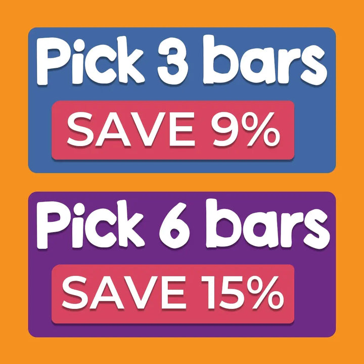 Promotional text on an orange background with discount information. Pick 3 bars, save 9%. 
Pick 6 bars, save 15%.