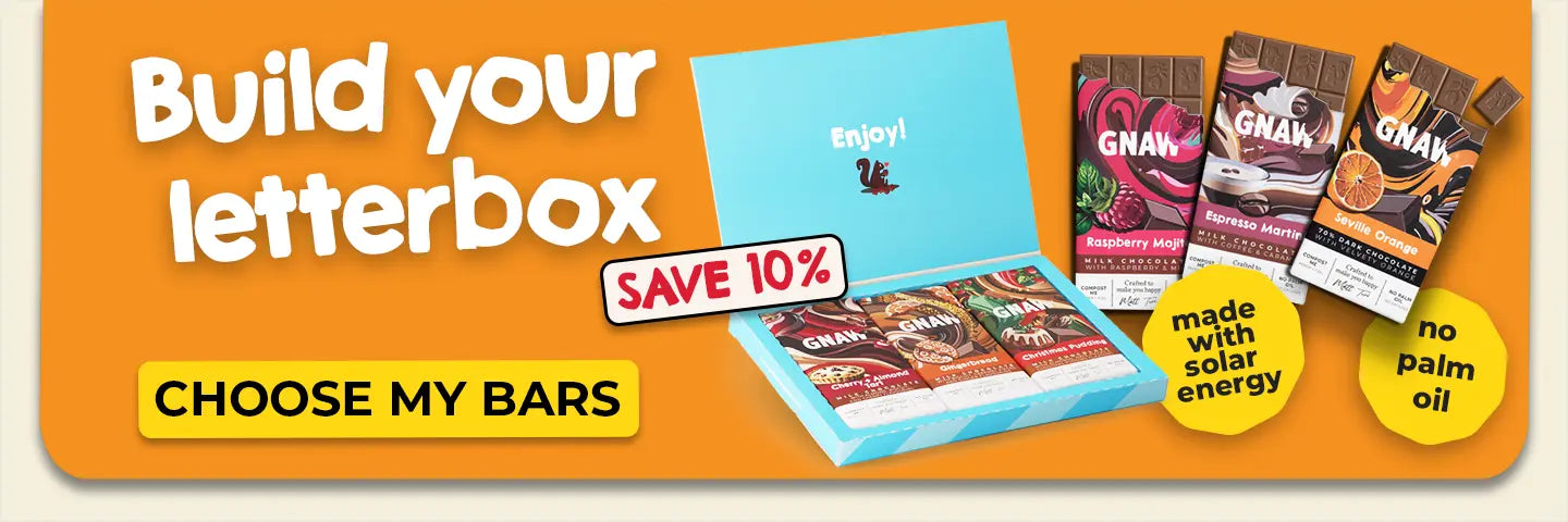 Promotional banner for GNAW chocolate "build your letterbox" with packaging and text on an orange background