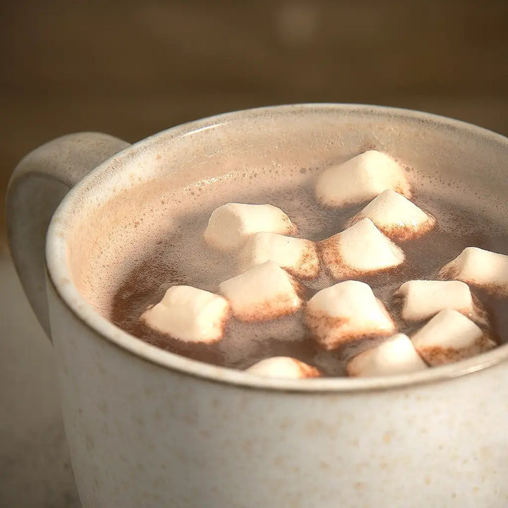 close up of hot chocolate with marshmallows steaming