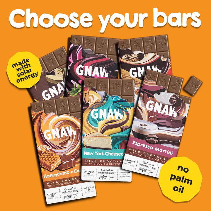 GNAW chocolate bars on an orange background with text about being made with solar energy and no palm oil.